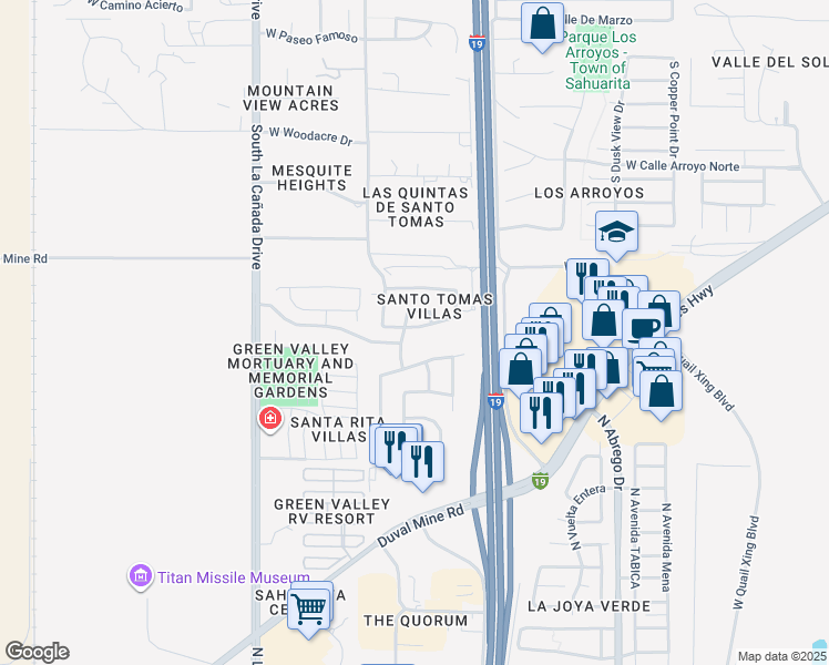 map of restaurants, bars, coffee shops, grocery stores, and more near 1077 West Calle Vista De Suenos in Sahuarita