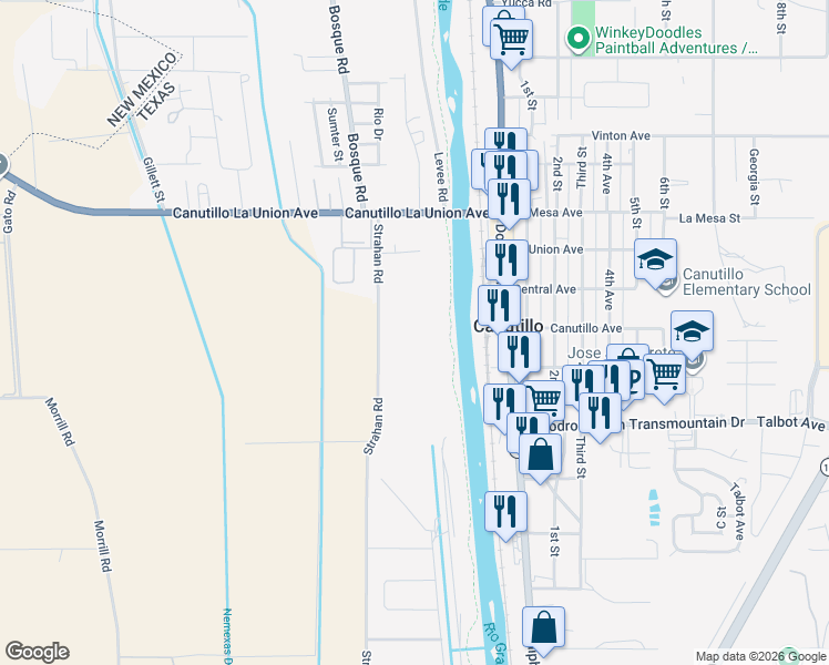 map of restaurants, bars, coffee shops, grocery stores, and more near 100-298 Strahan Road in El Paso