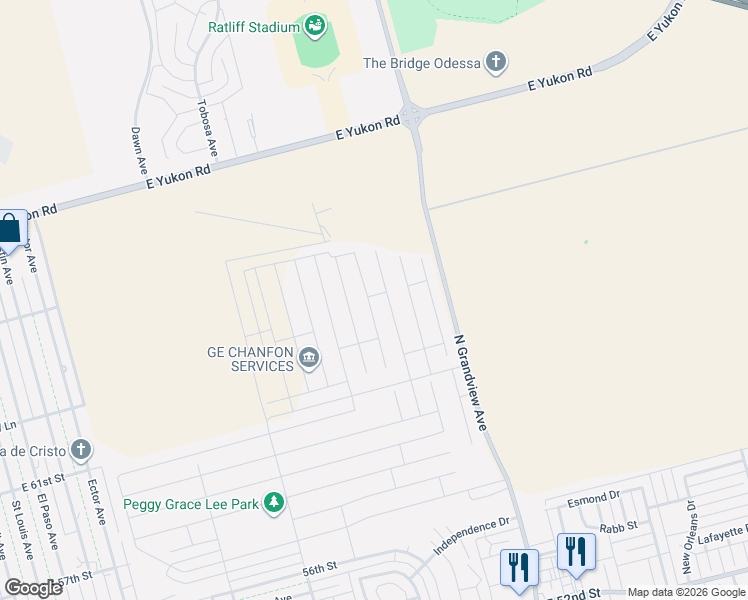 map of restaurants, bars, coffee shops, grocery stores, and more near North Grandview Avenue in Odessa