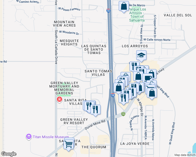 map of restaurants, bars, coffee shops, grocery stores, and more near 1077 West Calle Vista De Suenos in Sahuarita