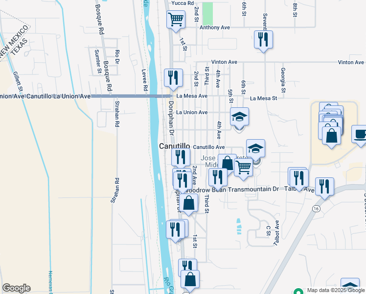 map of restaurants, bars, coffee shops, grocery stores, and more near 1st Avenue in Canutillo