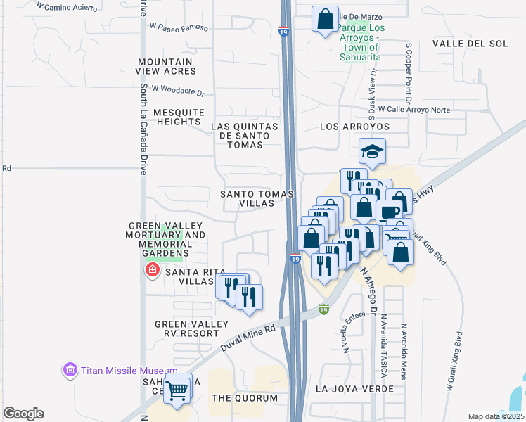 map of restaurants, bars, coffee shops, grocery stores, and more near 1059 West Calle Vista De Suenos in Sahuarita
