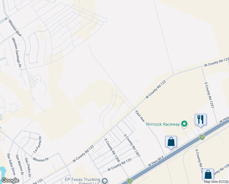 map of restaurants, bars, coffee shops, grocery stores, and more near 12800 West County Road 122 in Odessa