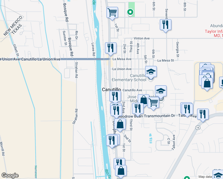 map of restaurants, bars, coffee shops, grocery stores, and more near in Canutillo