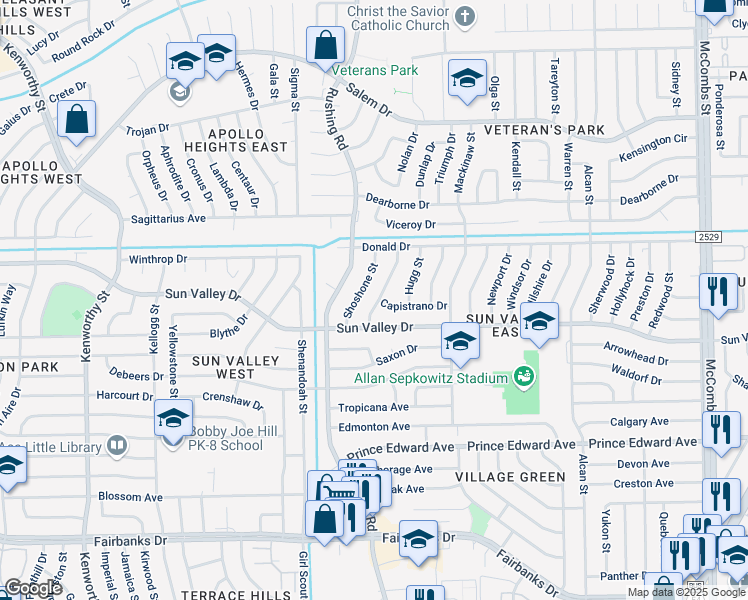 map of restaurants, bars, coffee shops, grocery stores, and more near 10305 Cavalier Street in El Paso