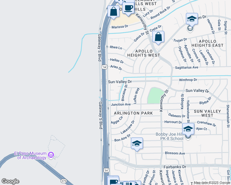 map of restaurants, bars, coffee shops, grocery stores, and more near 10325 Biscaine Street in El Paso