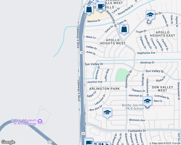 map of restaurants, bars, coffee shops, grocery stores, and more near 10330 Gateway North Boulevard in El Paso