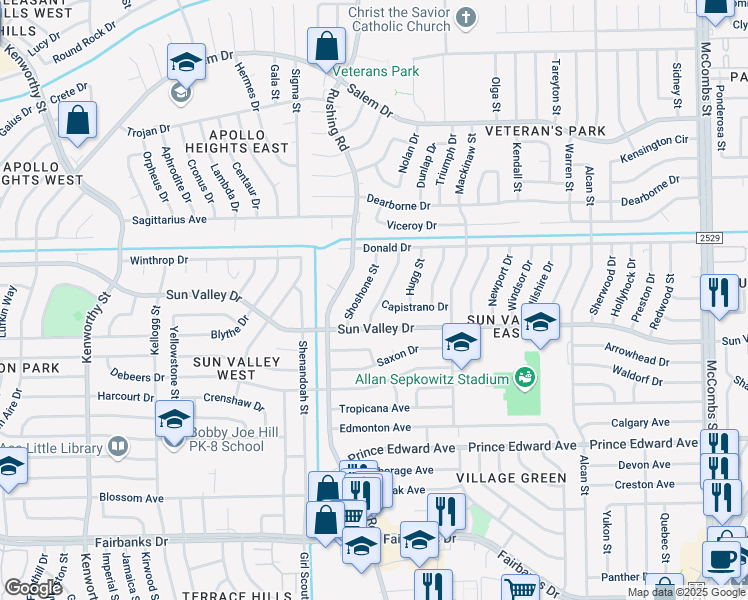map of restaurants, bars, coffee shops, grocery stores, and more near 10305 Cavalier Street in El Paso