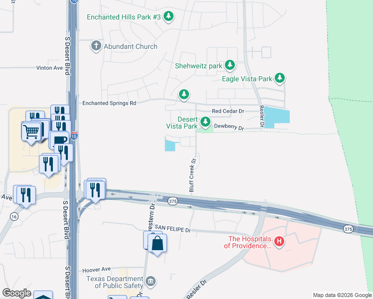 map of restaurants, bars, coffee shops, grocery stores, and more near 2021 Bluff Creek Street in El Paso