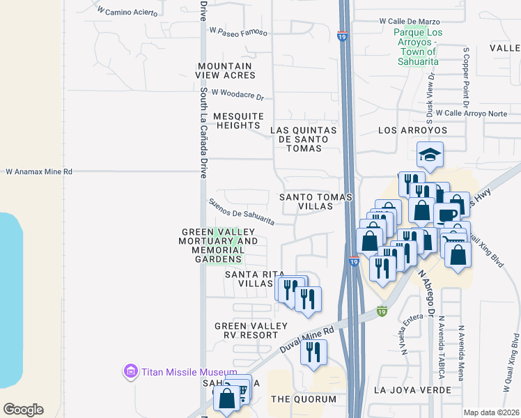 map of restaurants, bars, coffee shops, grocery stores, and more near 1242 West Wickford Drive in Sahuarita
