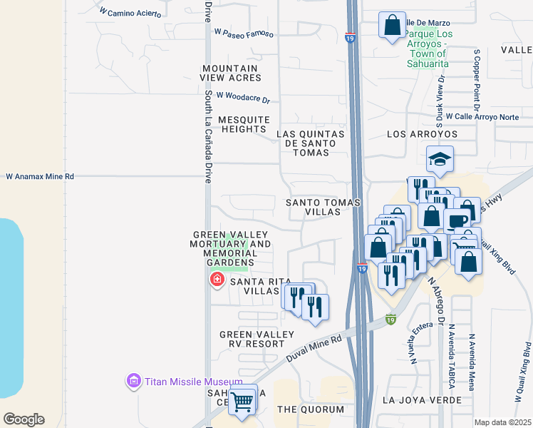 map of restaurants, bars, coffee shops, grocery stores, and more near 1235 West Camino Mesa Sonorense in Sahuarita