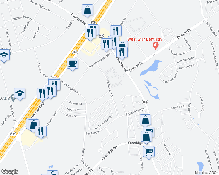 map of restaurants, bars, coffee shops, grocery stores, and more near De Morada Drive in Odessa