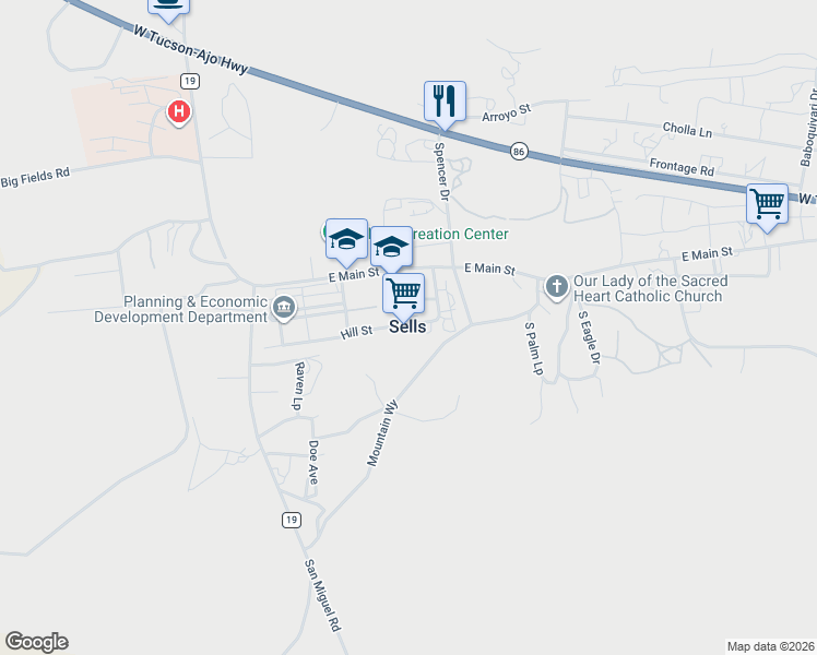 map of restaurants, bars, coffee shops, grocery stores, and more near in Sells