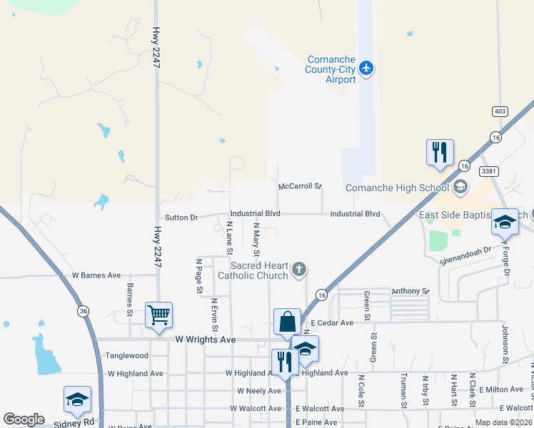 map of restaurants, bars, coffee shops, grocery stores, and more near 400 Industrial Boulevard in Comanche