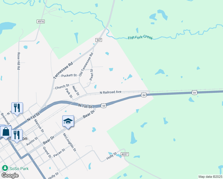 map of restaurants, bars, coffee shops, grocery stores, and more near 706 North Railroad Avenue in Timpson