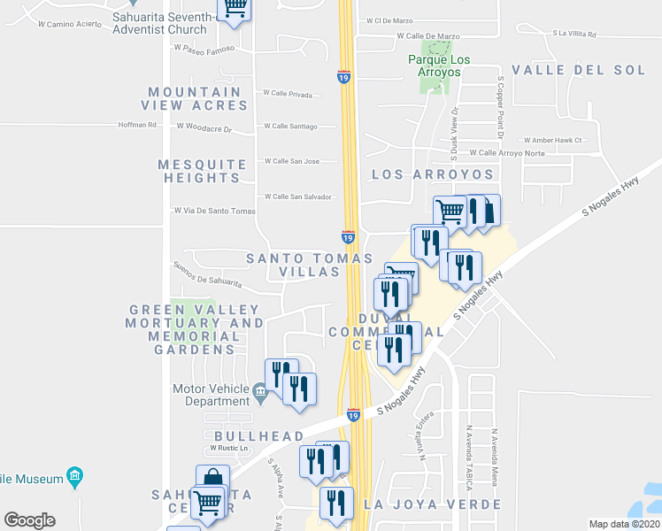 map of restaurants, bars, coffee shops, grocery stores, and more near 18615 South Avenida Del Ensueno in Sahuarita