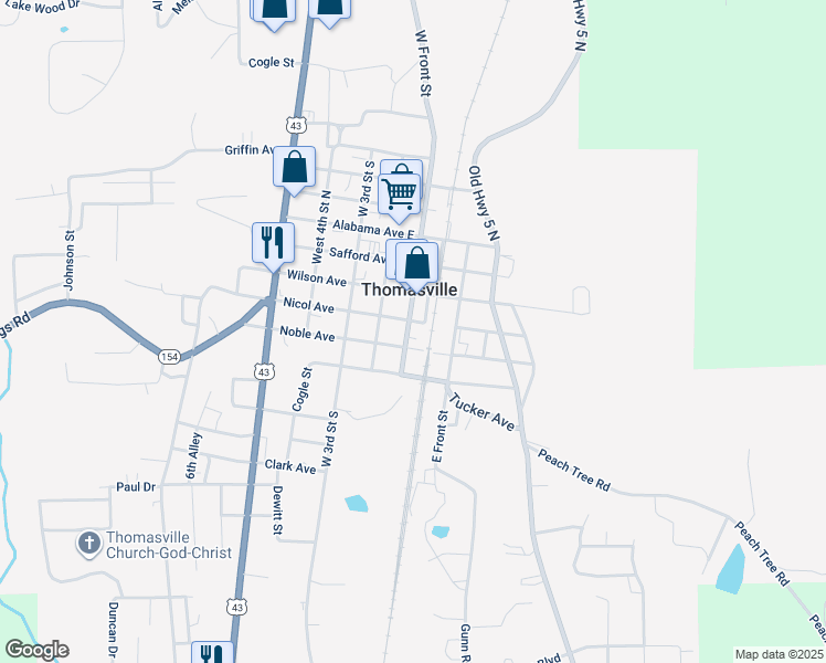 map of restaurants, bars, coffee shops, grocery stores, and more near Nicol Avenue in Thomasville