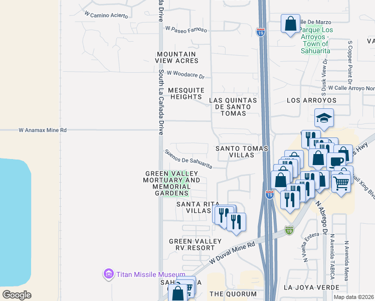 map of restaurants, bars, coffee shops, grocery stores, and more near 1293 West Calle Libro Del Retrato in Sahuarita