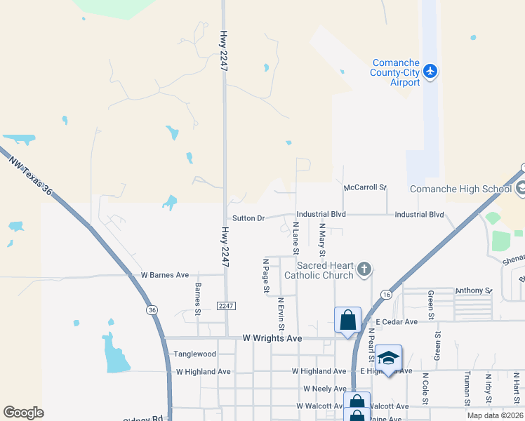 map of restaurants, bars, coffee shops, grocery stores, and more near 503 Sutton Drive in Comanche
