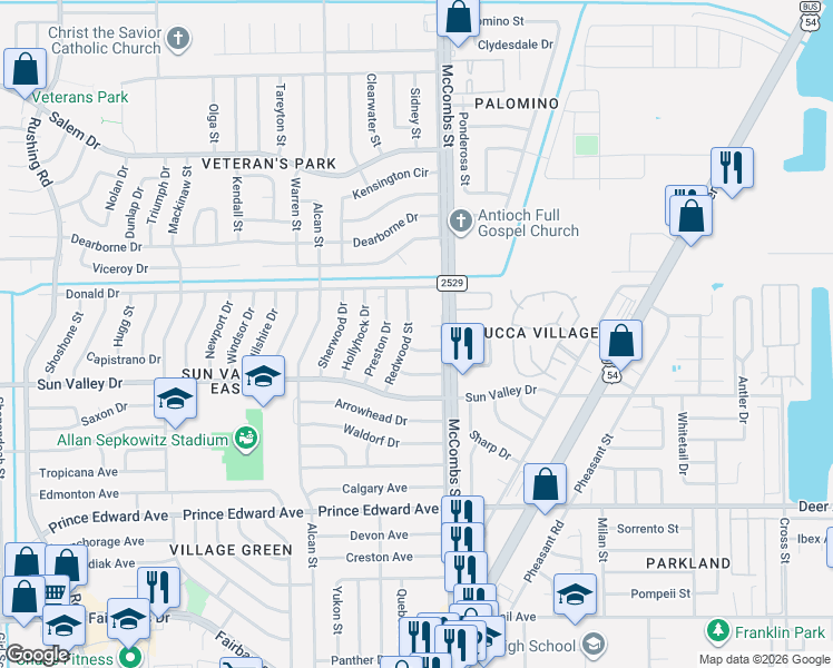 map of restaurants, bars, coffee shops, grocery stores, and more near 10352 Redwood Street in El Paso
