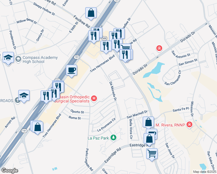 map of restaurants, bars, coffee shops, grocery stores, and more near 4001 De Morada Drive in Odessa