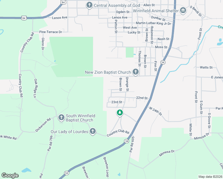 map of restaurants, bars, coffee shops, grocery stores, and more near 614 West 20th Street in Winnfield