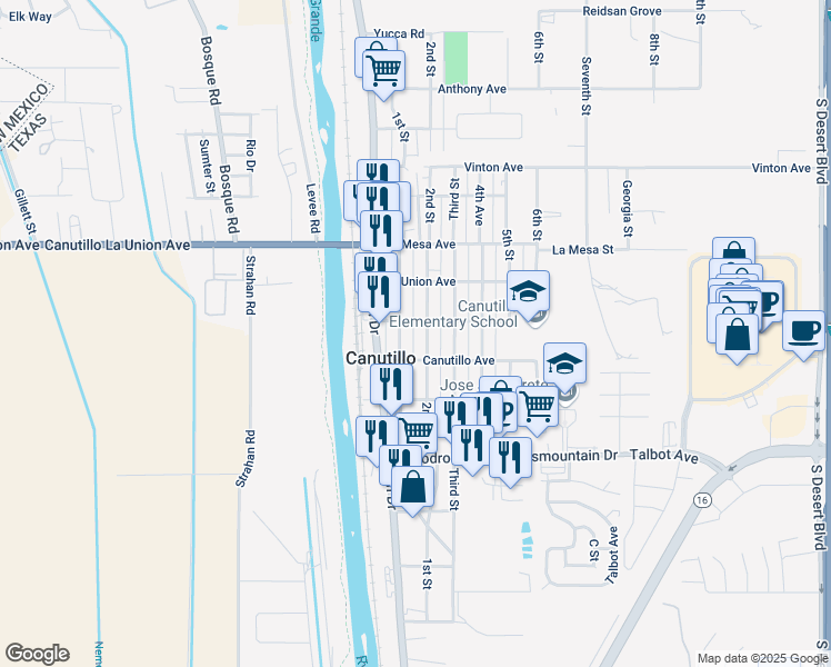 map of restaurants, bars, coffee shops, grocery stores, and more near 6991 2nd Avenue in Canutillo