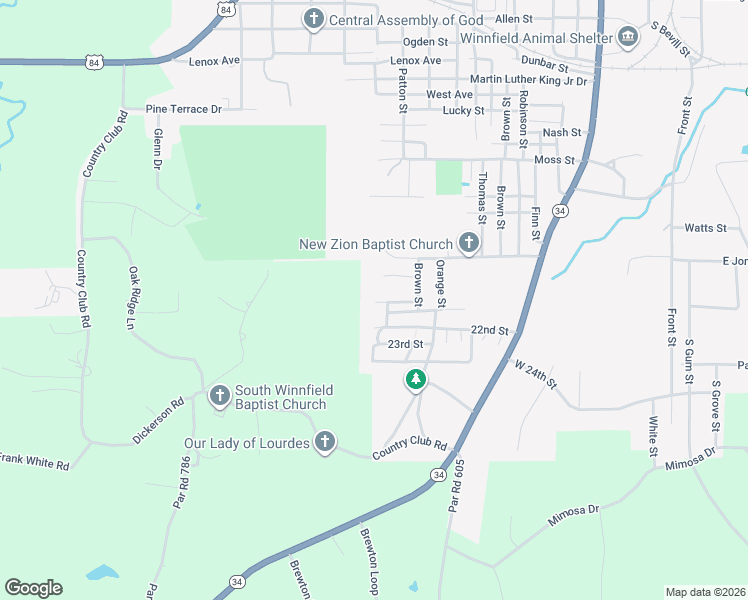 map of restaurants, bars, coffee shops, grocery stores, and more near 614-798 West 20th Street in Winnfield