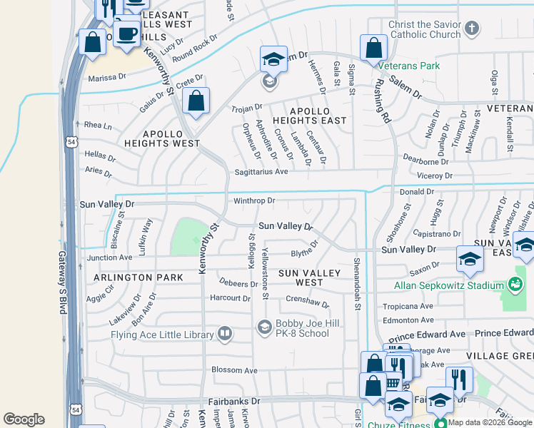 map of restaurants, bars, coffee shops, grocery stores, and more near 4916 Winthrop Drive in El Paso