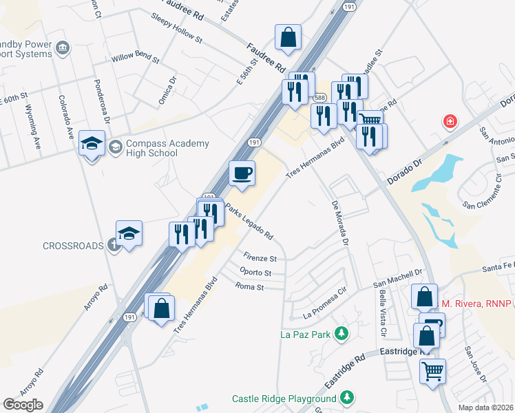 map of restaurants, bars, coffee shops, grocery stores, and more near 7501 Tres Hermanas Boulevard in Odessa