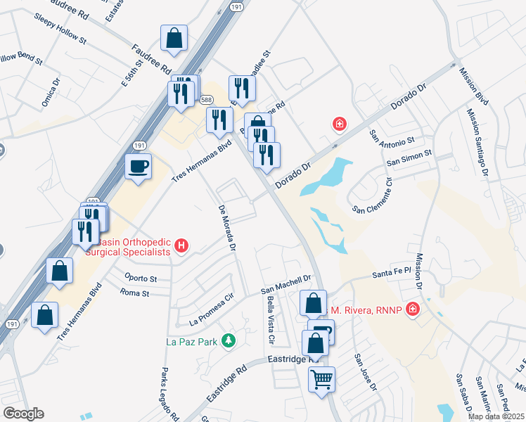 map of restaurants, bars, coffee shops, grocery stores, and more near 4001 Faudree Road in Odessa