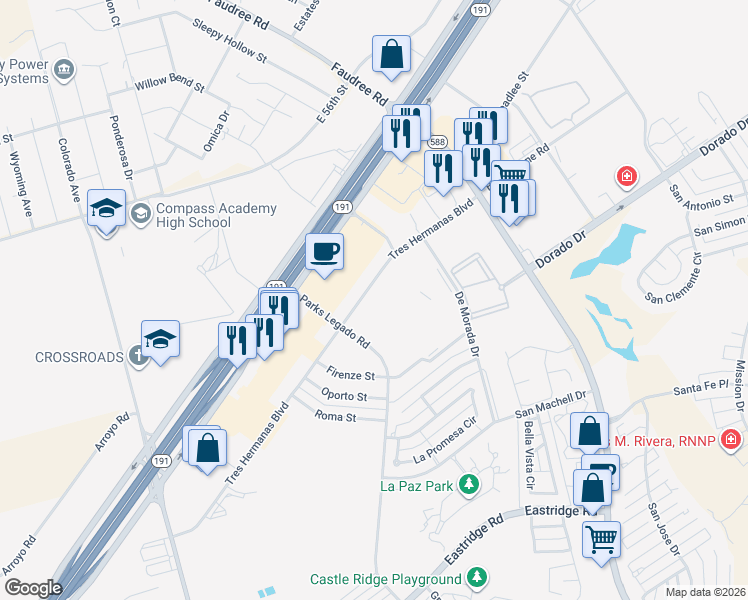 map of restaurants, bars, coffee shops, grocery stores, and more near 7501 Tres Hermanas Boulevard in Odessa