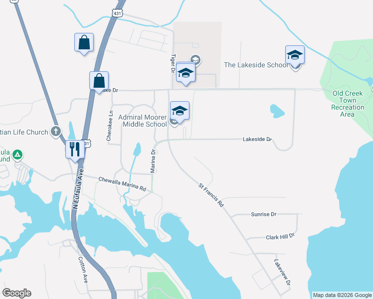 map of restaurants, bars, coffee shops, grocery stores, and more near 131 Brookwood Drive in Eufaula
