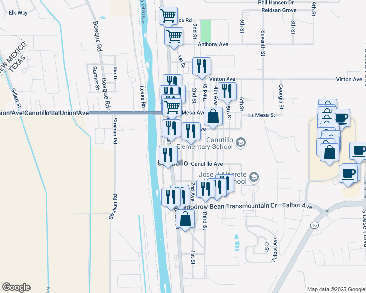 map of restaurants, bars, coffee shops, grocery stores, and more near 6991 2nd Avenue in Canutillo