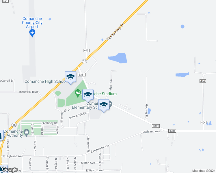 map of restaurants, bars, coffee shops, grocery stores, and more near 1 Bull Run in Comanche