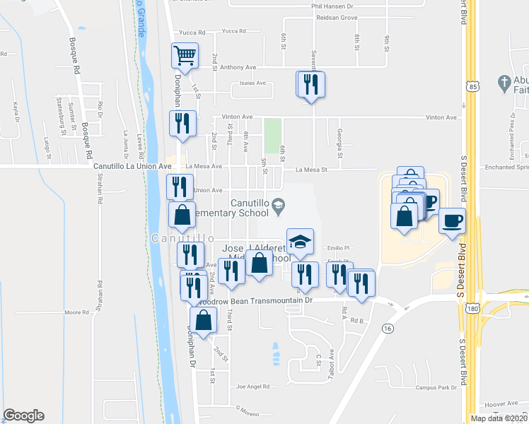 map of restaurants, bars, coffee shops, grocery stores, and more near 7011 5th Street in Canutillo