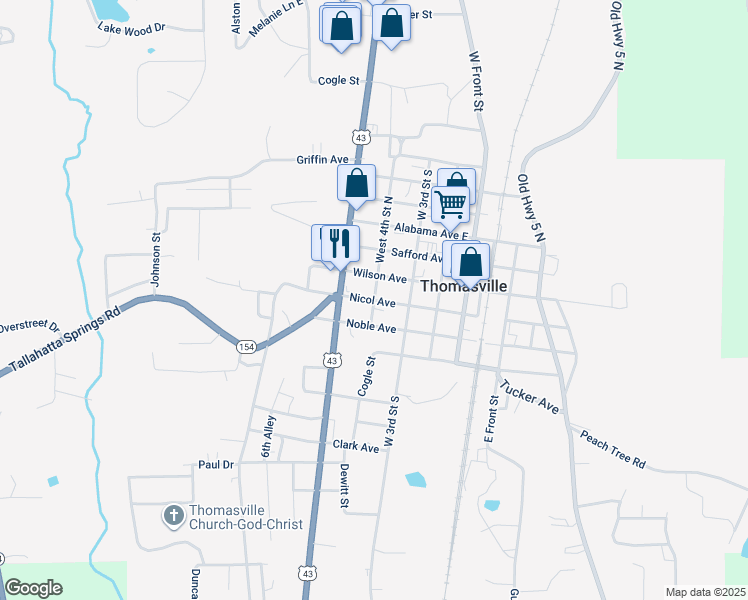 map of restaurants, bars, coffee shops, grocery stores, and more near Nicol Avenue in Thomasville