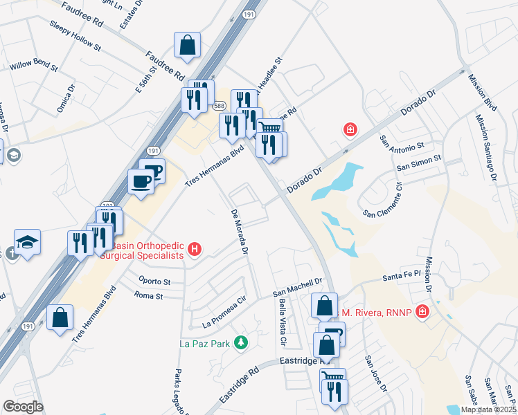 map of restaurants, bars, coffee shops, grocery stores, and more near 4001 Faudree Road in Odessa