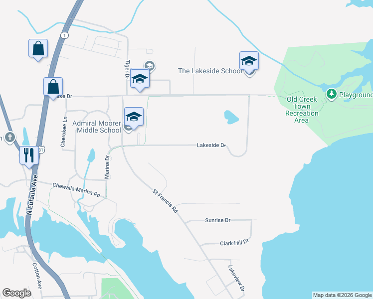 map of restaurants, bars, coffee shops, grocery stores, and more near 63 Lakeside Drive in Eufaula