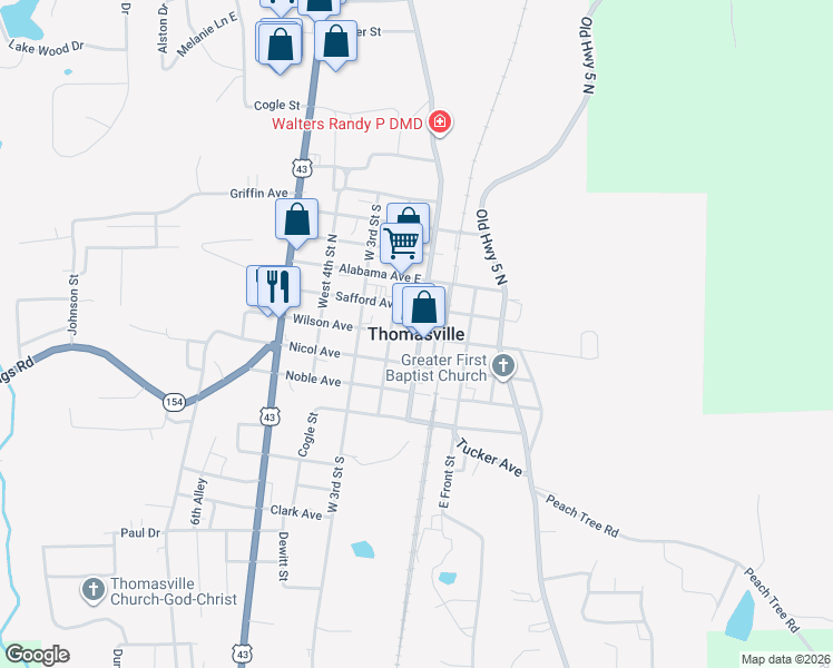 map of restaurants, bars, coffee shops, grocery stores, and more near in Thomasville
