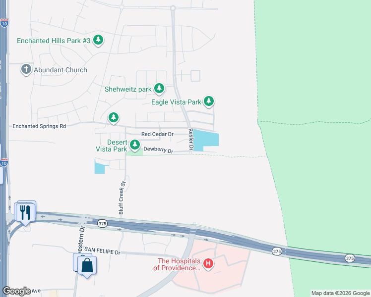 map of restaurants, bars, coffee shops, grocery stores, and more near 7416 Red Cedar Drive in Canutillo