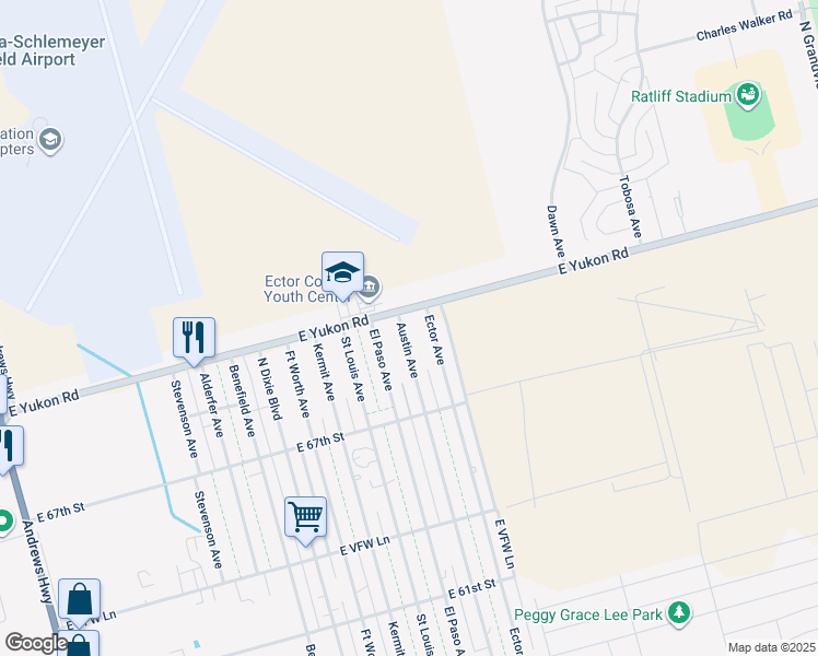 map of restaurants, bars, coffee shops, grocery stores, and more near 1600-1698 E Yukon Rd in Odessa