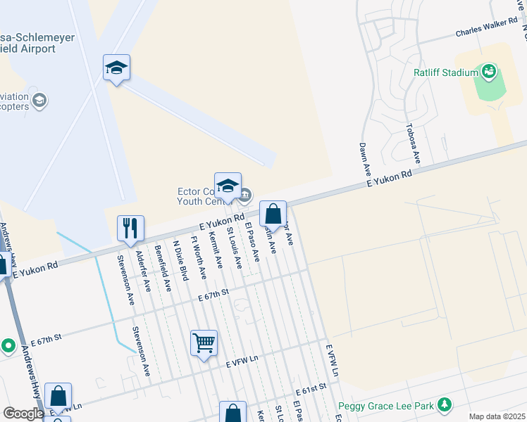 map of restaurants, bars, coffee shops, grocery stores, and more near 1600 East Yukon Road in Odessa