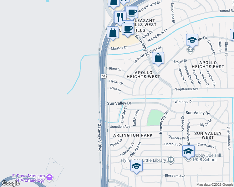 map of restaurants, bars, coffee shops, grocery stores, and more near 10405 Gracecus Court in El Paso