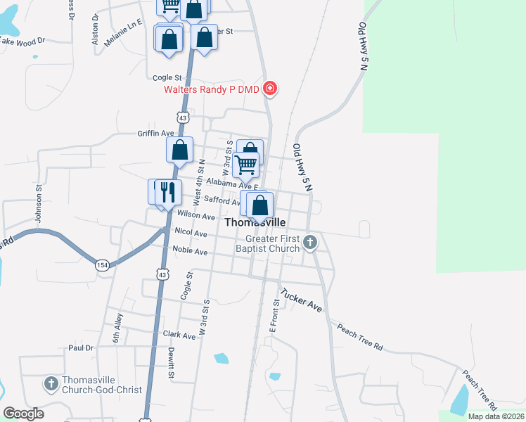 map of restaurants, bars, coffee shops, grocery stores, and more near 23 West Front Street in Thomasville