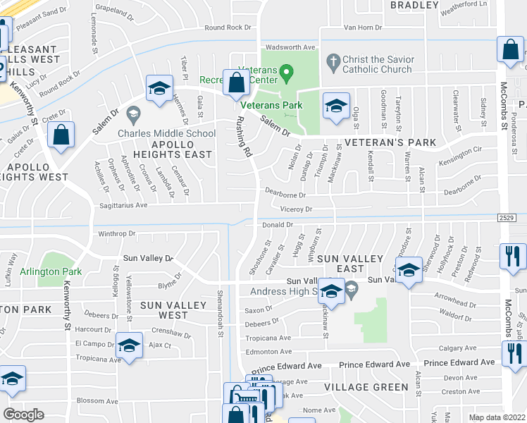map of restaurants, bars, coffee shops, grocery stores, and more near 10406 Rushing Road in El Paso