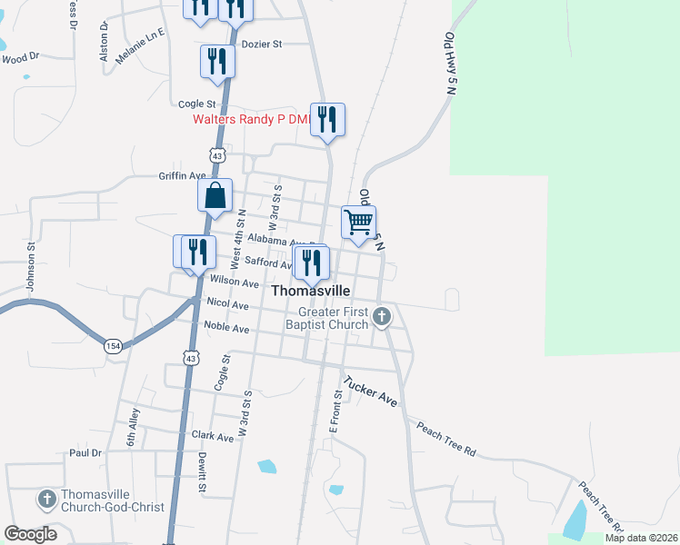 map of restaurants, bars, coffee shops, grocery stores, and more near 23 West Front Street in Thomasville
