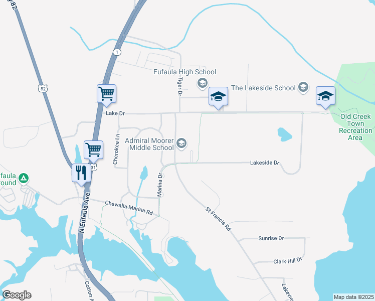 map of restaurants, bars, coffee shops, grocery stores, and more near 101 Saint Francis Road in Eufaula