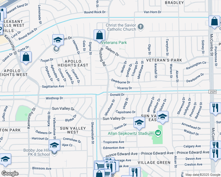 map of restaurants, bars, coffee shops, grocery stores, and more near 10406 Rushing Road in El Paso