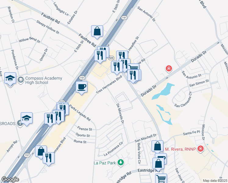 map of restaurants, bars, coffee shops, grocery stores, and more near 7650 Tres Hermanas Boulevard in Odessa